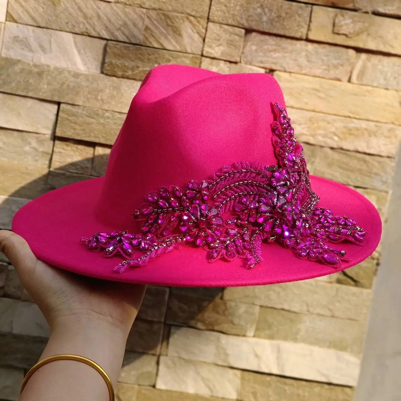 Rose DIY hat Fedora hat with diamond embroidery autumn/winter wedding party travel gentleman hat 56-58CM sombrero mujer 250605