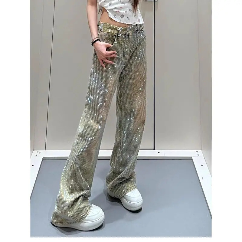 Full Diamond Printing Belt Wash Casual Loose Straight Jeans Hip Hop Y2k WOMEN Jeans 250604