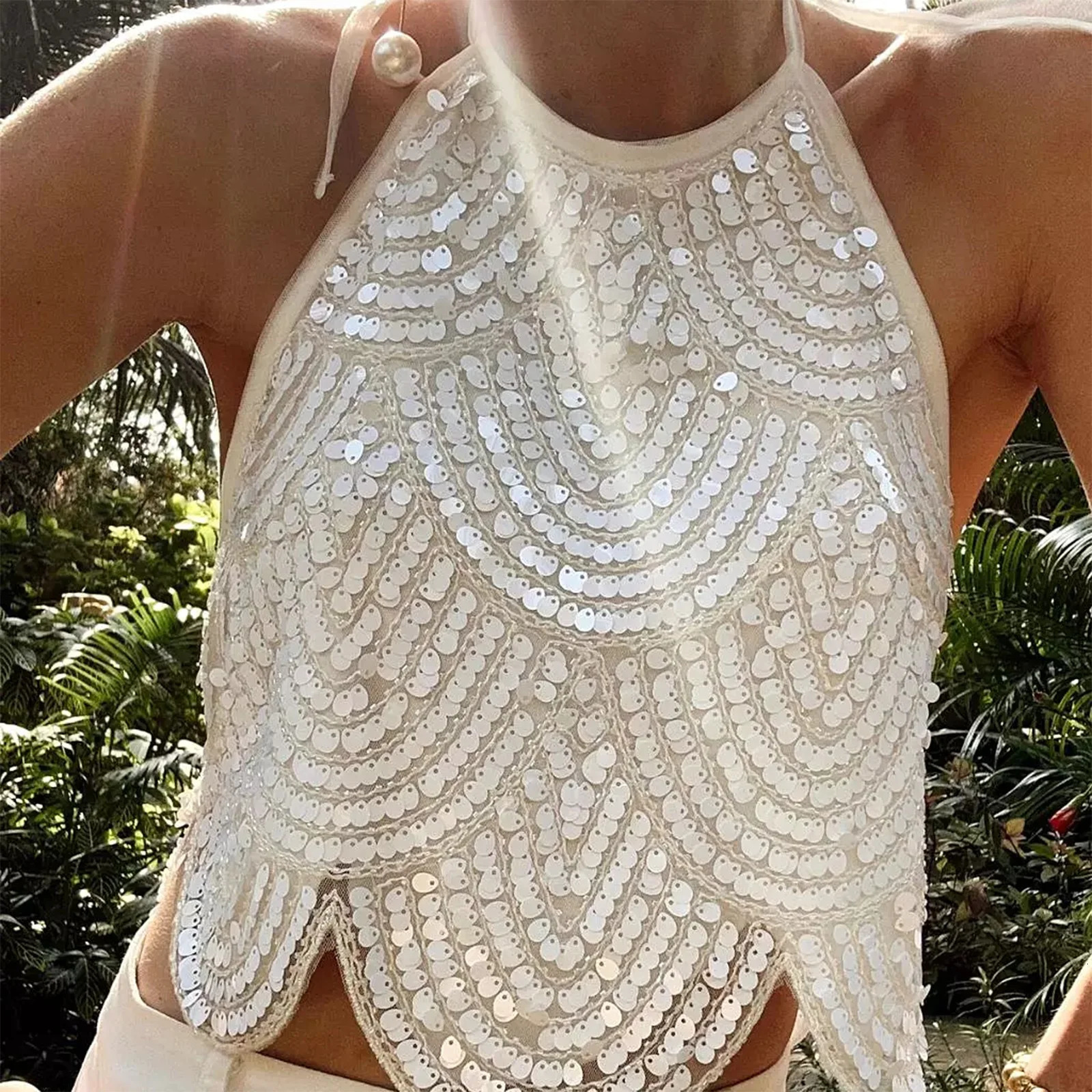 Collection Women Y2K Halter Top Tieup Sleeveless Tops Backless Solid Color Bling Sequined Summer Vest for Club Party 250604