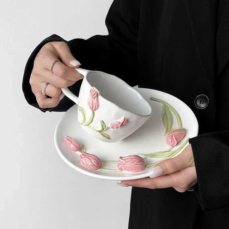 French Tulip Ceramic Coffee Cups Plate Bowl Unique Three-dimensional Embossed Design Home Desserts Tableware Kitchen Accessories C251210