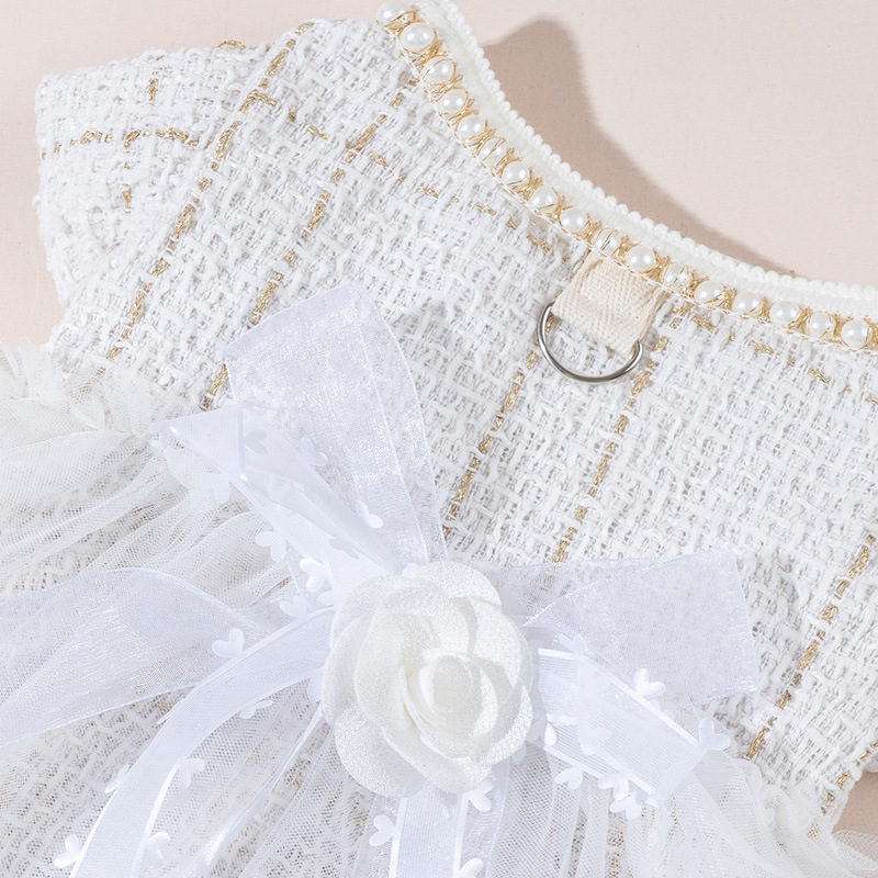 Tweed Dog Dresses with Leash Ring, Pearls Dog Wedding Dress, Bow Flower Puppy Clothes for Small Pet Girl Multi-Layer Lace Tutu Cat Outfit for Kitten C