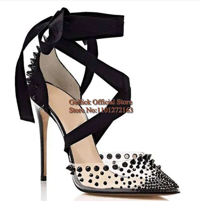Sexy Black Rivets Spikes High Heels Lace Up Clear PVC Transparent Pointed Toe Banquet Studded Party Shoes Size 42