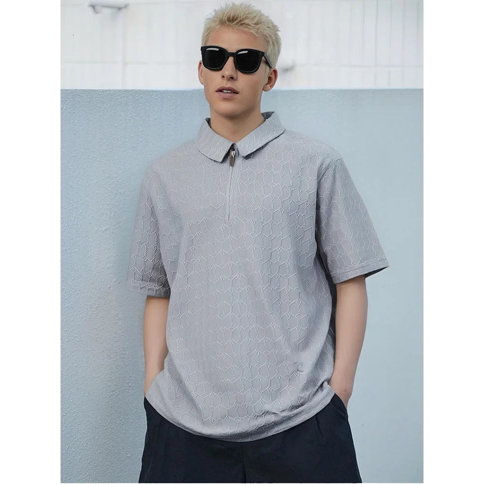 SpringSummer Mens Polo Shirt Checkered Pattern Zipper Decoration Lapel Solid Color Clothing Short Sleeve Tee 250527