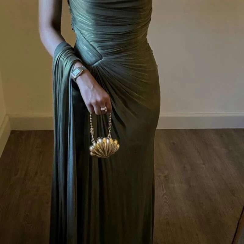 Elegant For Women Off Shoulder Sleeveless Chic Casual Dresses Spring Summer 2025 New Female Fashion High Waist Solid Dress