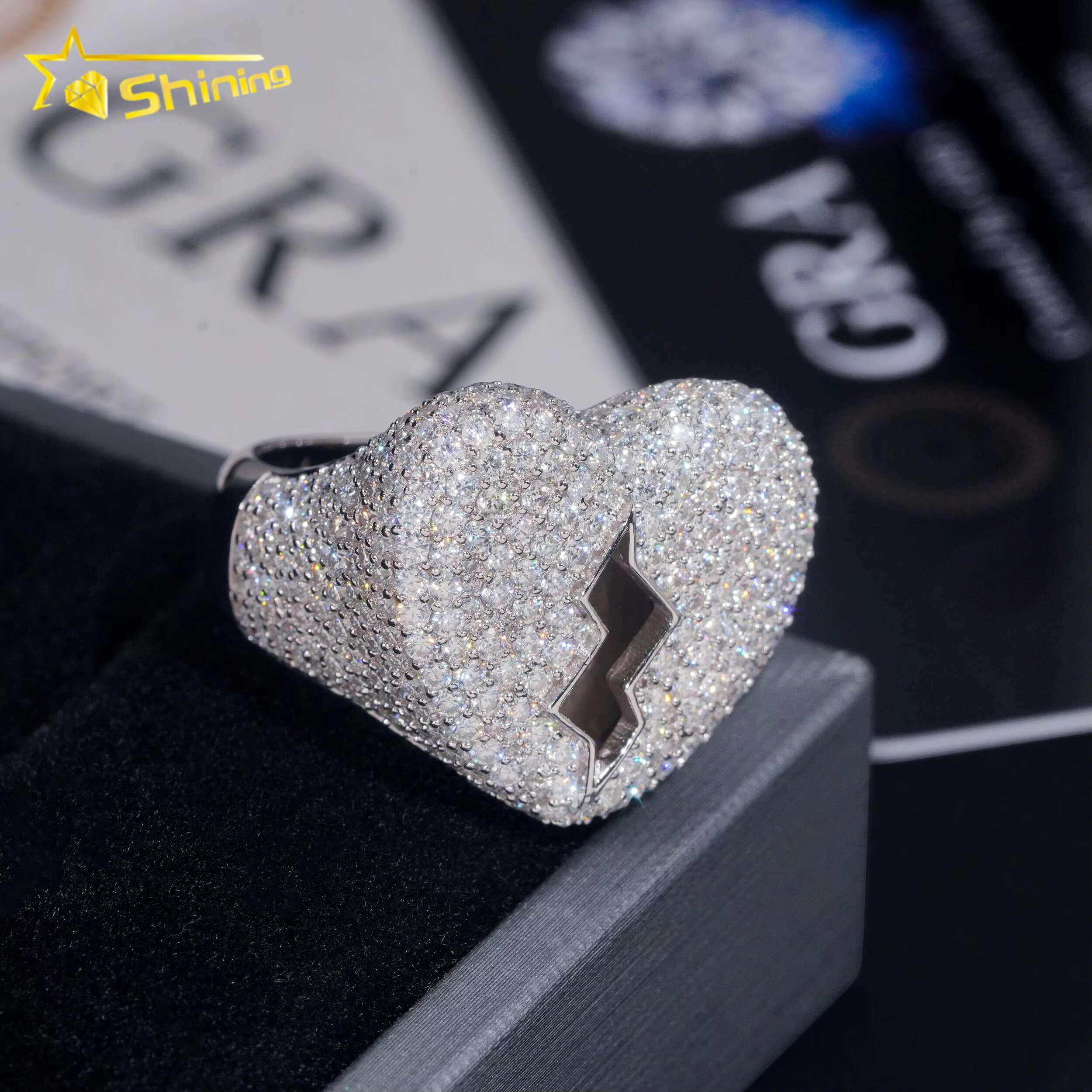 Factory Price GRA Certificate 925 Sterling Silver Gold Plated Fine Jewelry Iced Out Diamond Moissanite Broken Heart Hip Hop Ring