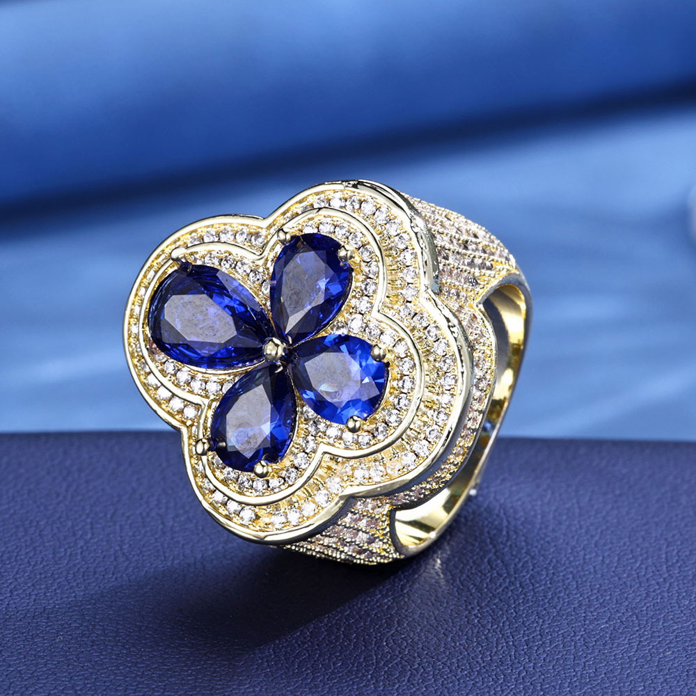 New Blue Flower Design Ring for Men Hip Hop Micro Paved Moissanite Four-Leaf Clover Ring moissanite