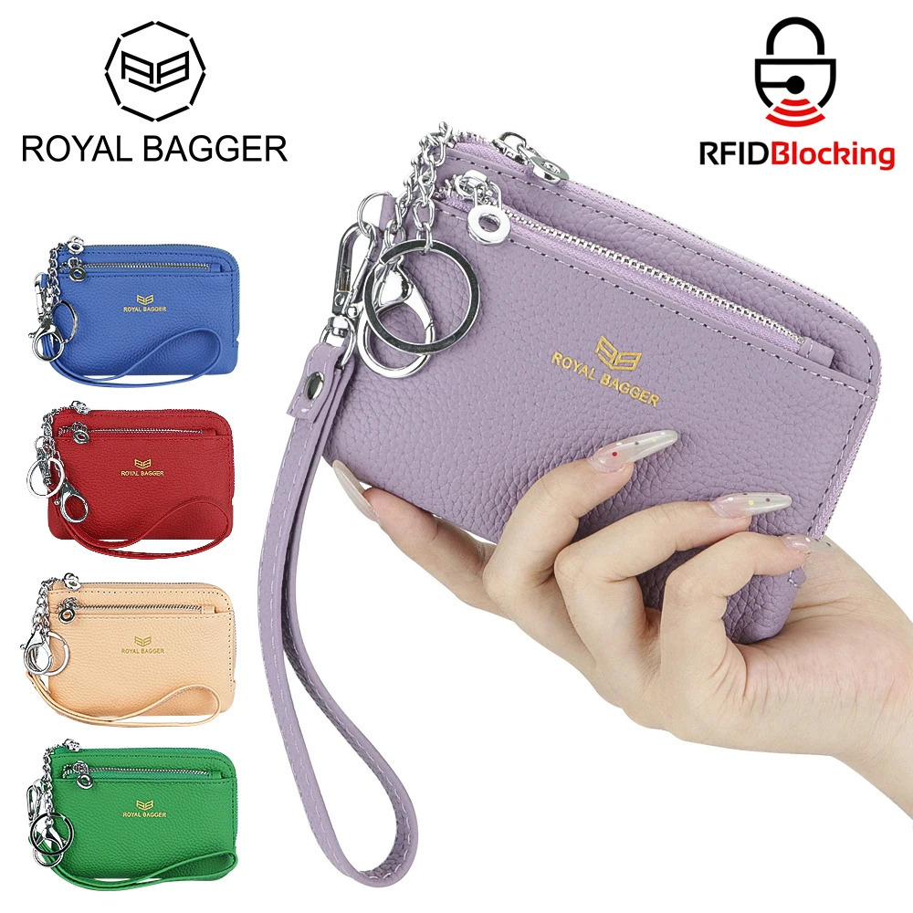 Royal Bagger RFID Coin Purse with Keychain Genuine Leather Multi Zipper Clutch Wallet Portable Wristlet Card Holder 250605