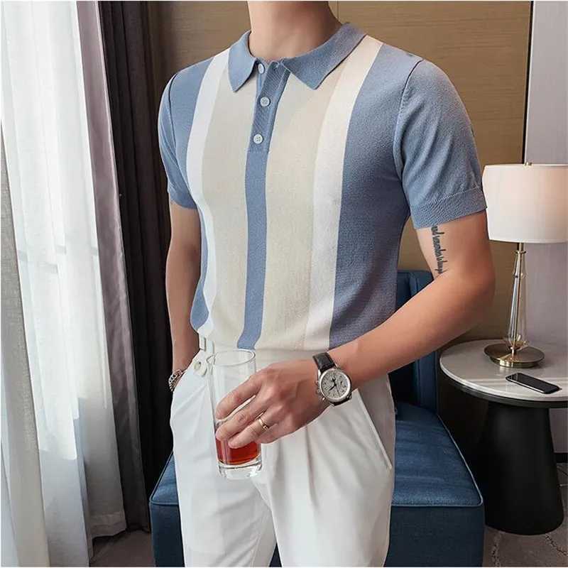 British Style Summer Fashion Color Matching Short Sleeve Polo Shirt Men High Quality Knitted Slim Fit Lapel Button Tee Shirt Top XJ250605