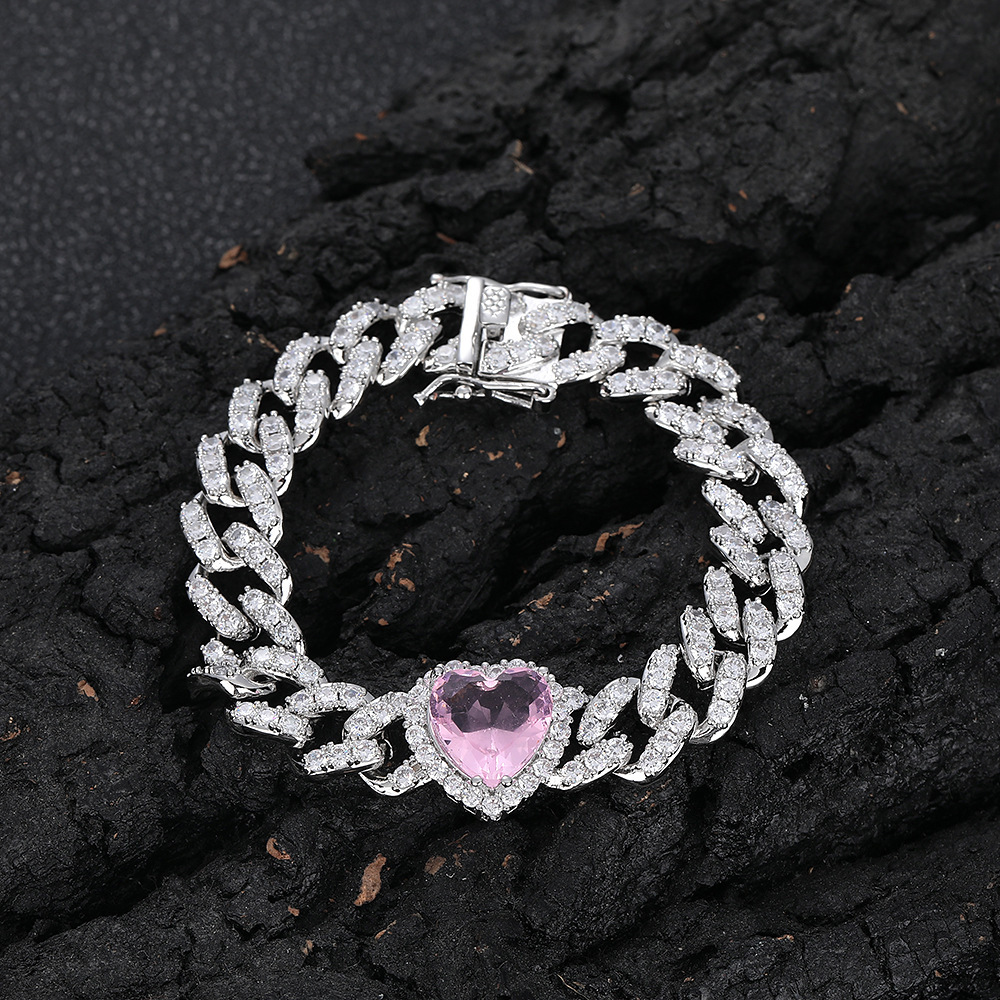 10mm Pink Moissanite Heart Bracelet Accessories Hip Hop Heart Cuban Chain Womens Bracelet