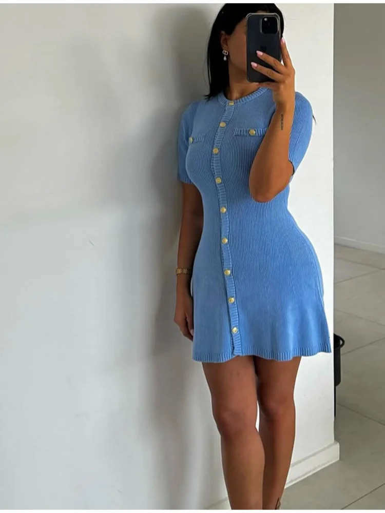 Fashion Women Knit Slim Mini Dress Elegant Single Breasted Solid Color Office Lady Daily Commuting Short Dresses 250604
