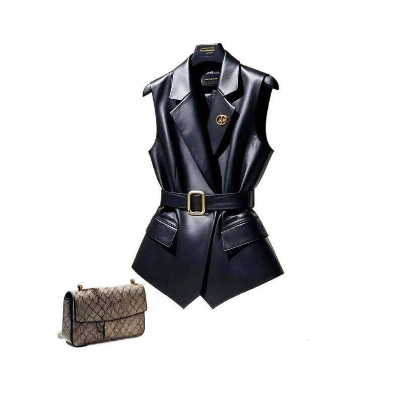 Black Leather Waistcoat This Year's Popular Explosive Unique Chic High-level Sense of Folded Sleeveless Coat New Spring Jacket