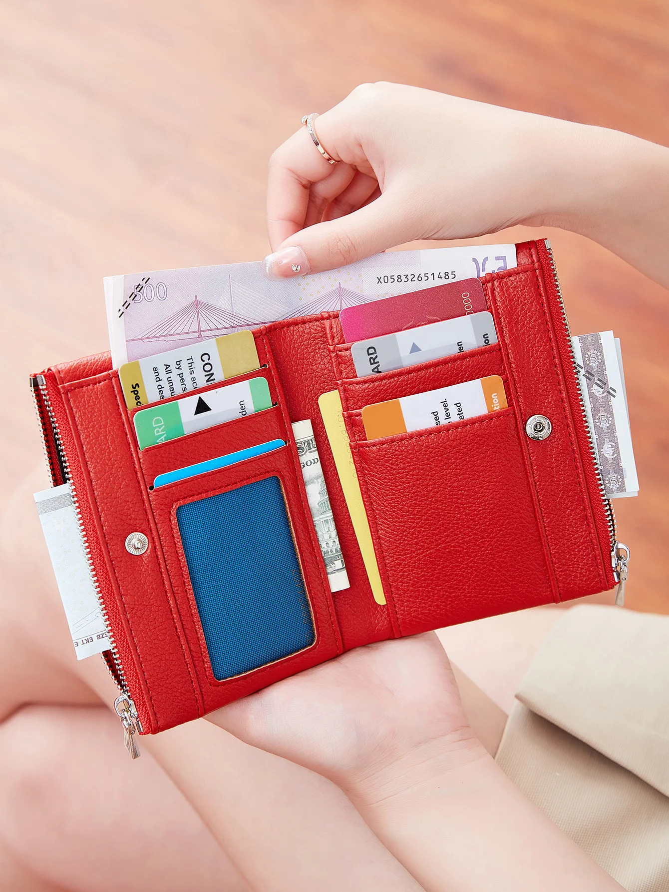 Womens wallet PU leather short double zippered simple solid color large capacity credit card holder bag with coin pocket 250605