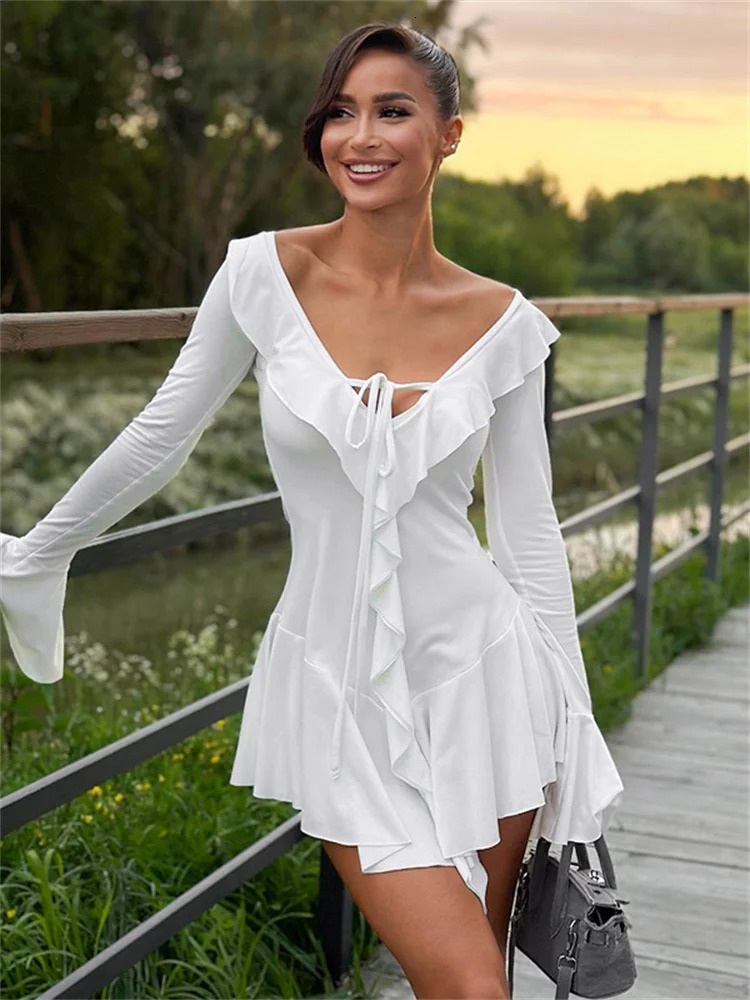 Ruffled LaceUp White Mini Dress Womens VNeck Patchwork Long Sleeve Sexy Slim Bandage Elegant Female Summer Dress 250604