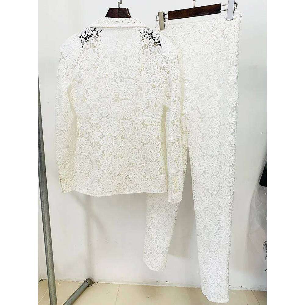 HIGH STREET Newest 2025 Designer Runway Set Women's Single Button Guipure Lace Blazer Pencil Pants Suit 2Pcs