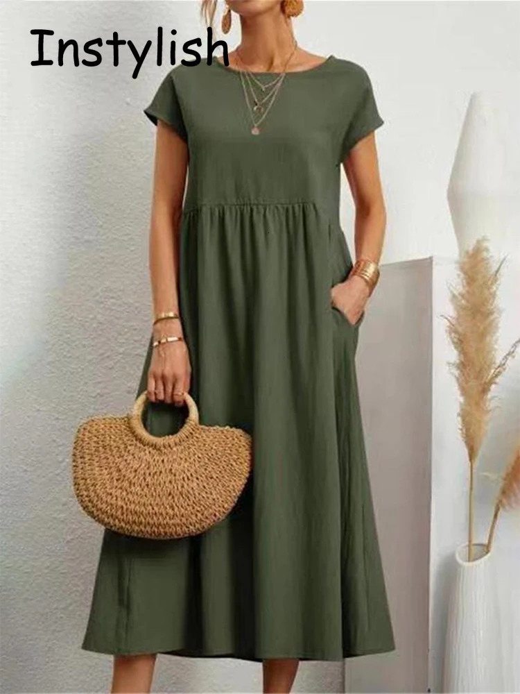 Women Elegant Solid Maxi Dress Summer Short Sleeve O Neck Vintage Harajuku Cotton Linen Loose Sundress Y2K Pockets Long Dress 250529