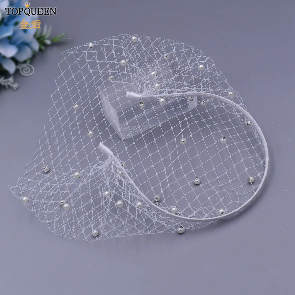 TOPQUEEN VA08 Tulle Cage Veil with Pearls Wedding Veil for Face Cocktail Party Veil Birdcage Veil with Headband Mini Veu DIY 250530