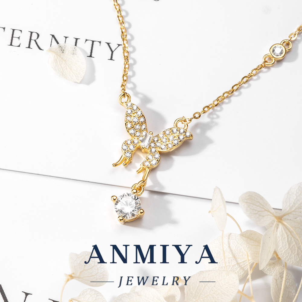 Vintage Silver Jewelry Butterfly Necklace Incorporating Geometric Zircon Pendant Design, 925 Antique Necklace for Outfits