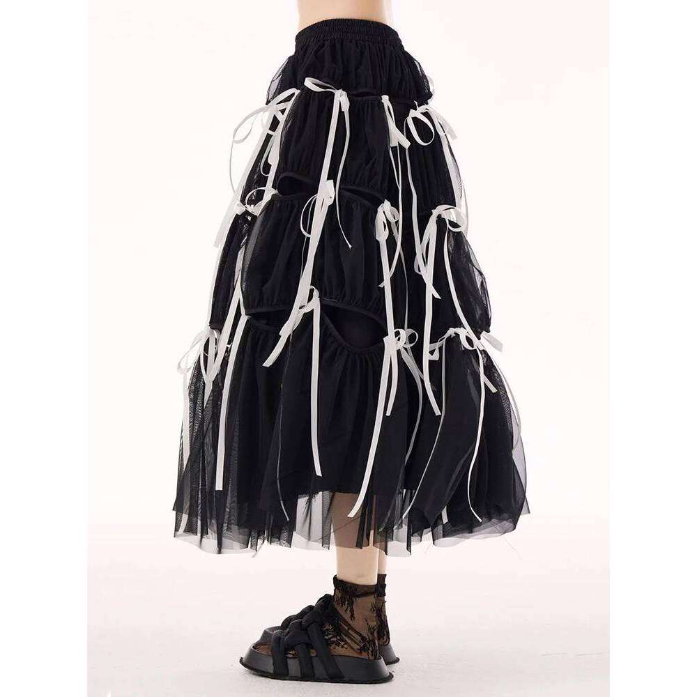 EAM High Elastic Waist White Mesh Bangage Color-Block A-Line Half-Body Skirt Women Fashion Tide New Spring Autumn 2025 1Dh9504