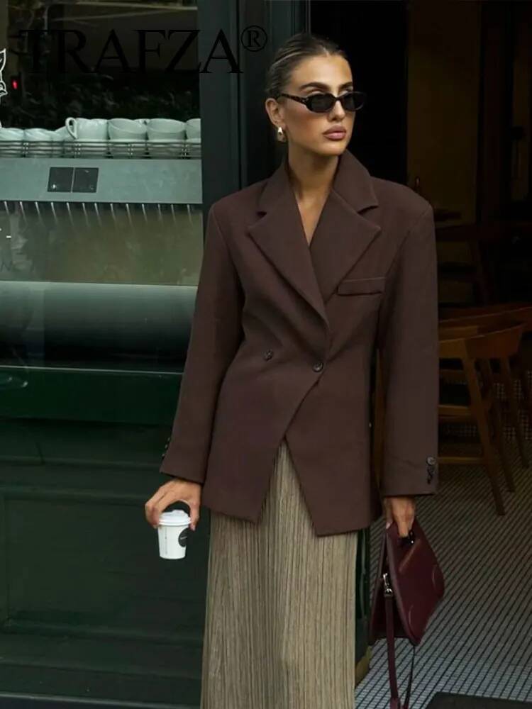 TRAFZA Women Elegant Solid Lapel Two Buttons Suit Jacket Fashion Long Sleeve Slim Short Coats 2025 New Casual Office Lady Blazer