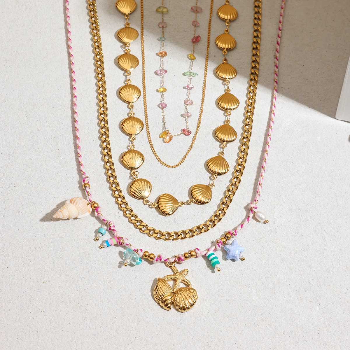 Uworld Beach Ocean Wind Shell Chain Necklace Stainless Steel Sea Star Conch Pendant Colored Rope Necklace Womens Jewelry XJ250604