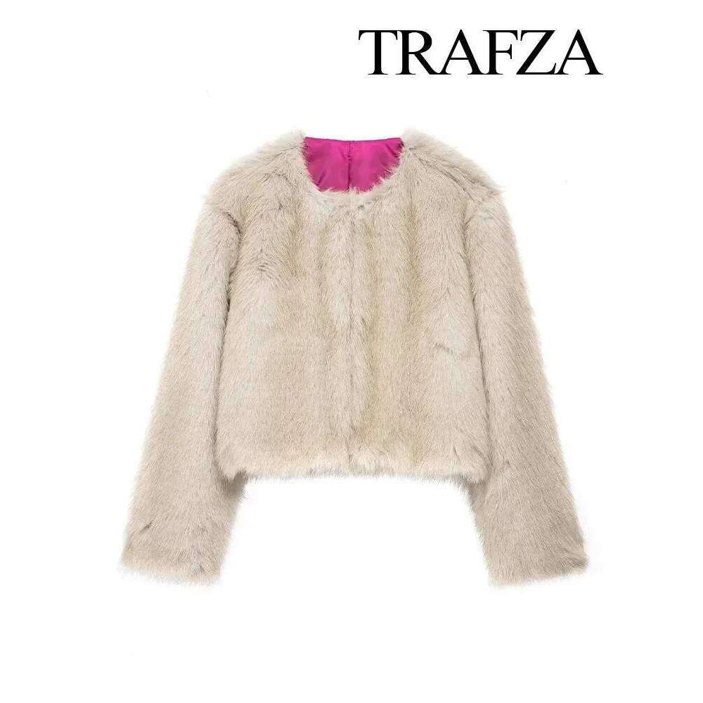 Coats Designer Women TRAFZA Winter Streetwear Faux Fur Effect Short Jacket Coat Retro Solid Color O Neck Longsleeve Women's Loose Thermal Top Des