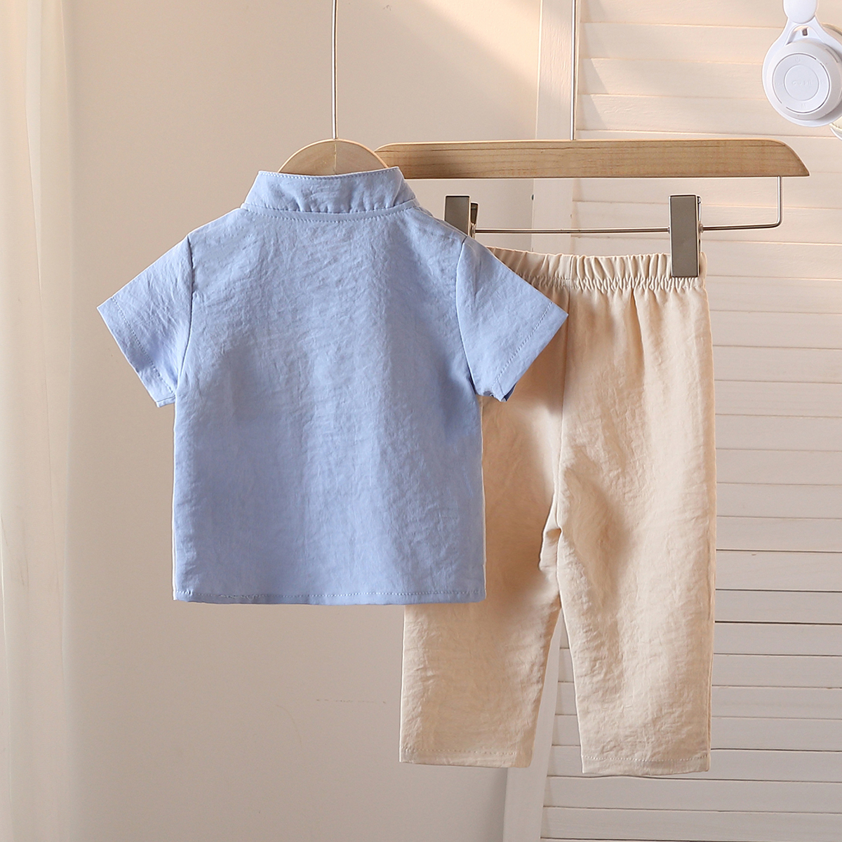 2-piece summer baby boy casual patchwork stand up collar printed full open short sleeved shirt and printed pants, suitable for Ramadan holiday, daily 