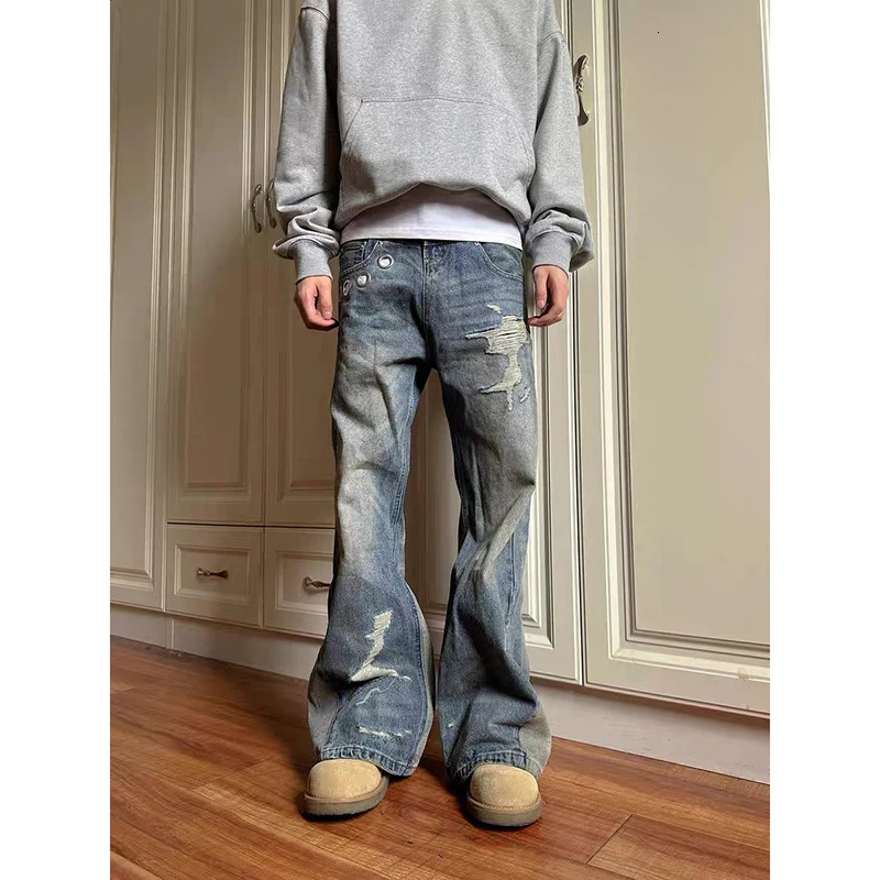 Jeans Women Denim Ripped Streetwear Wide Leg Pants Floor Length Splice Loose Casual Pockets High Waist Straight Trousers 250604