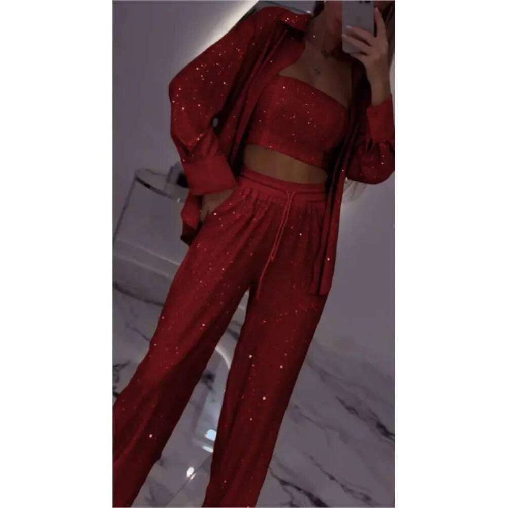 2025 Spring New Fashion Sequin Women 3 Piece Sets Elegant Club Party Multi-color Outfit Casual Lapel Shirt Wide Leg Pant Set
