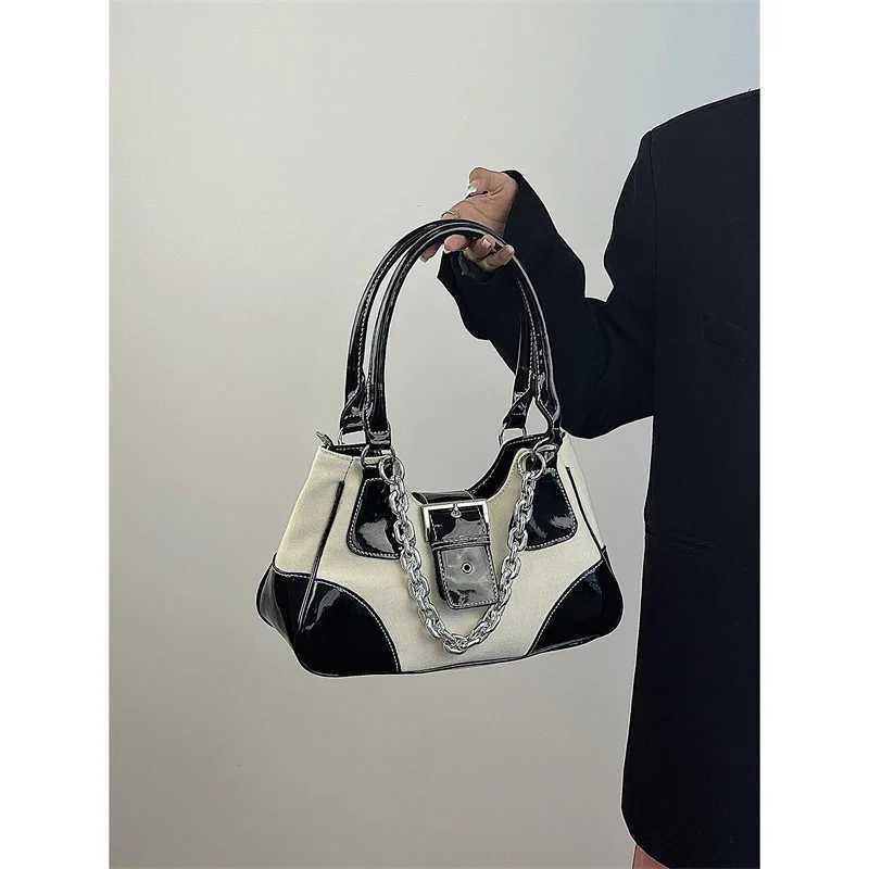 Inner y2k bag cool patent leather+ canvas underarm bag vintage women Metal Chain shoulder bag for female totes XJ250605