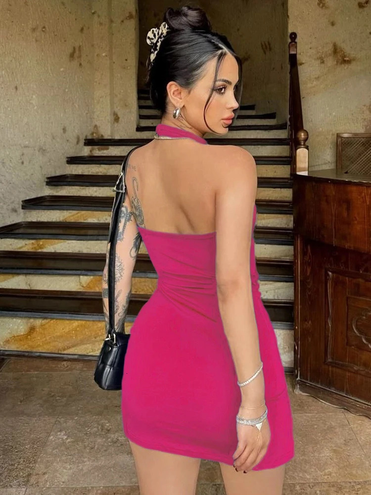 Halter Dress Seveless Backless Side Slit Neckmounted Mini Dresses Knitted Sheath Streetwear 2024 Summer Woman Clothing Y2K 2406 250530