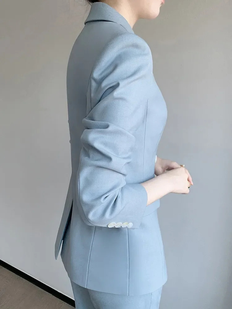 2024 Summer Blue Ladies Suits Two Piece Set Blazer Pants Top Quality Double Breasted Women Elegant Business Work Clothing 250520Z