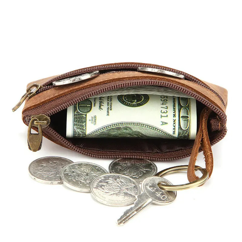 GENODERN Vintage Crazy Horse Leather Mens Coin Purse Genuine Zipper Wallet Retro Key Holder Small Money Bag 250605
