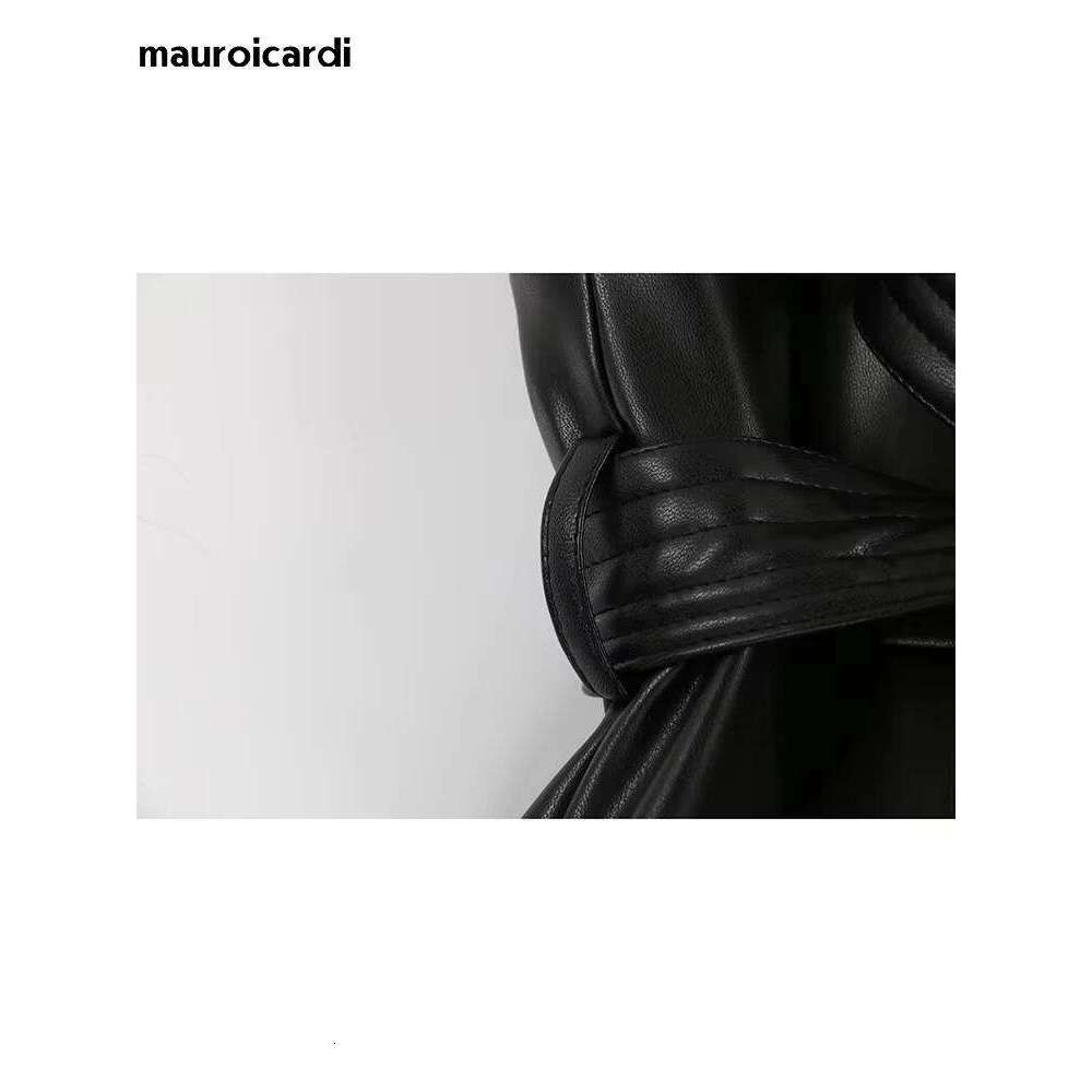 Mauroicardi Spring Short Black Soft Pu Leather Vest Women with Side Slit Sashes Stand Collar Chic Sleeveless Jacket 2025
