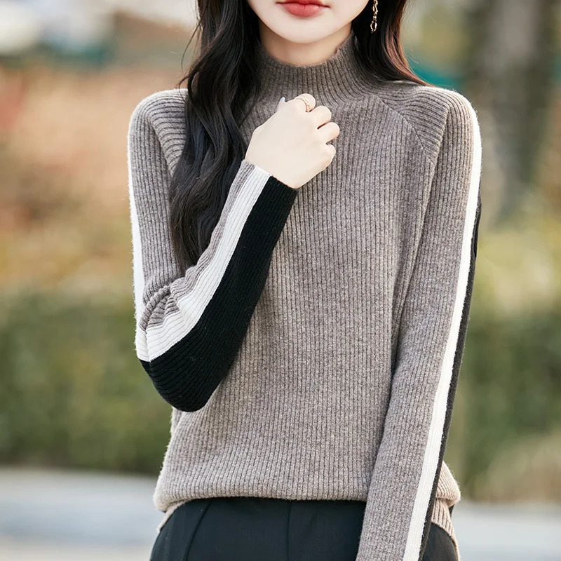 Spring 2025 100 Pure Wool Sweater Ladies SemiHigh Neck Loose Pullover Fashion Long Sleeve Color Matching Knit Base Shirt 250530