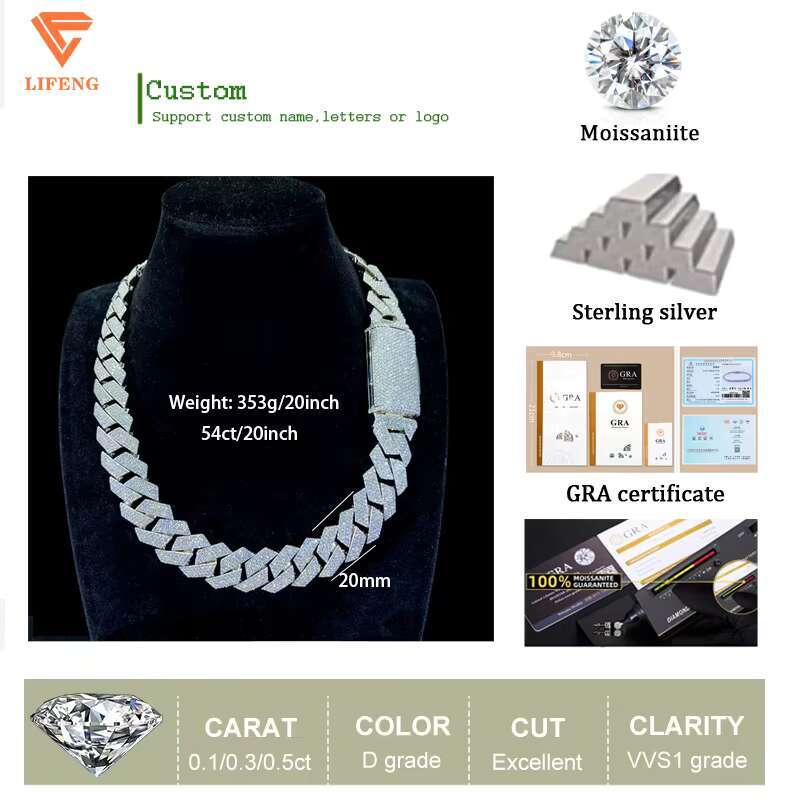 Moissanite Necklace Custom Lock 20mm Cuban Link Chain Ice Out Moissanite Chain Men Silver 925 Hiphop Cuban Link Necklace