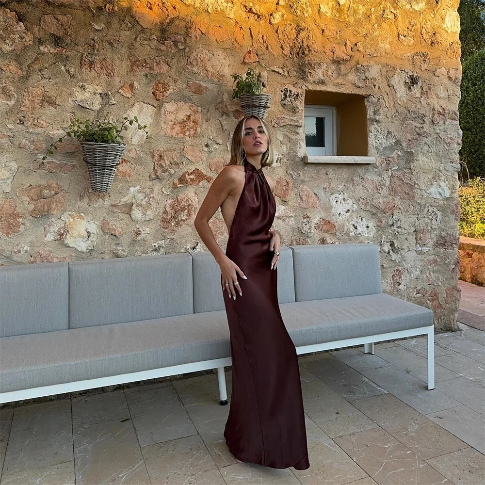 European And American Style Summer Womens Fashionable Temperament Solid Color Backless Silk Satin Texture Dress 250604