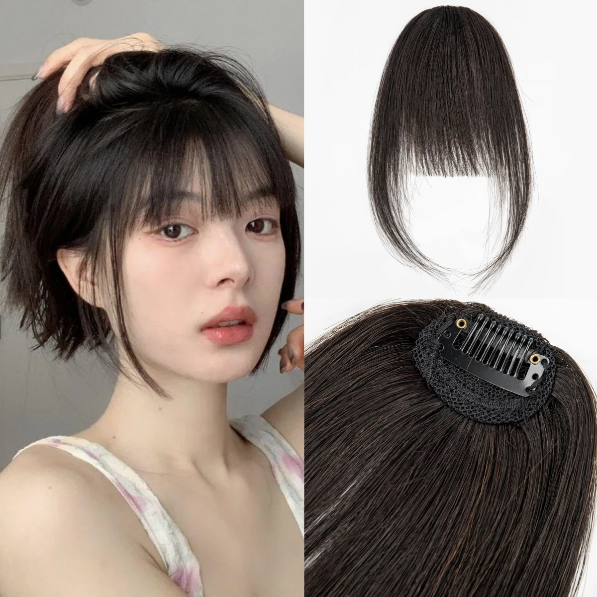 1Pc Human Hair Bangs OverHead Clip in Hair Extensions Natural Hairs Wispy Bangs Fringe Hairpieces for Women in Air Bangs Brown 250529