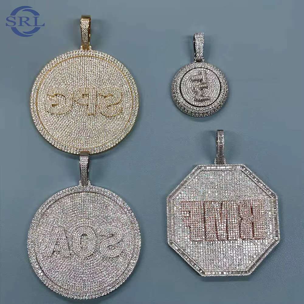 Customizable Hip Hop 925 Sterling Silver Tennis Necklace with Rotating Moissanite Pendant, Frozen Rotating Shape, Personalized Name Initial, Unisex