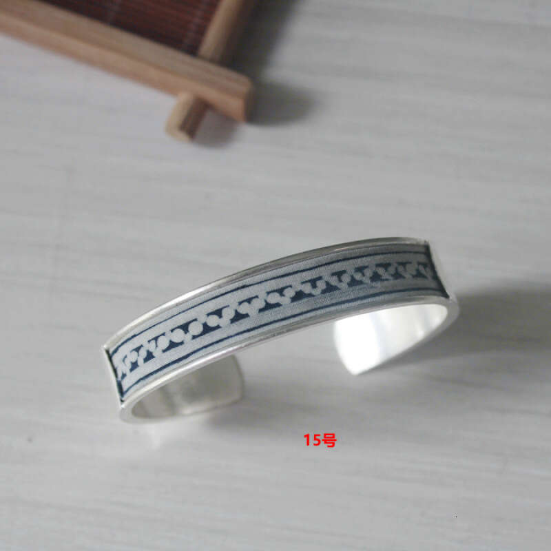 DHCollections Ancient Style Sier Wind Blue Old Couple Postage Bracelet Strip Text Wax Dyed Replica