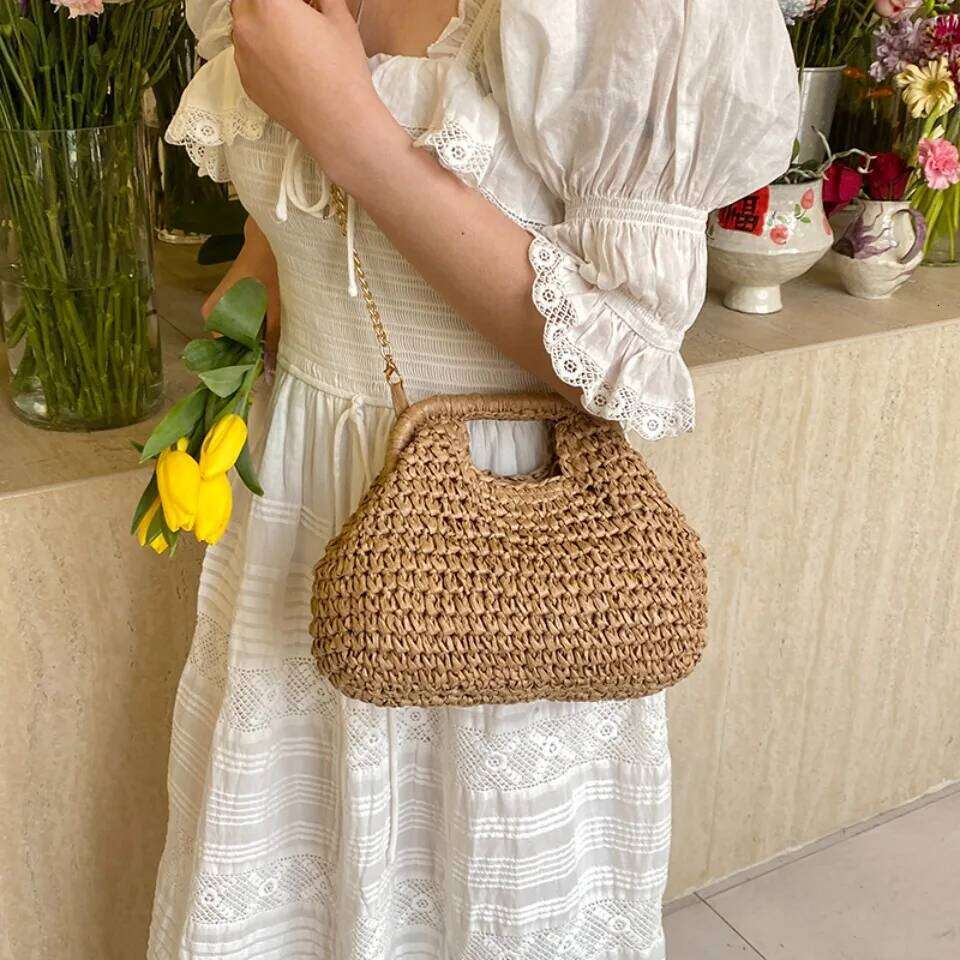 OLOEY Retro Woven Clutch Bags for Women 2025 Straw Shell Chain Handbag Messenger Ladies Holiday Beach Eco-friendly Crossbody Bag