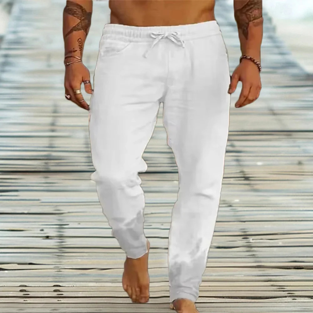 Mens Cotton Linen Casual Sweatpants Beach Pants Joggers Solid Drawstring Elastic Waist Male Vacation Loose Straight 250605Z