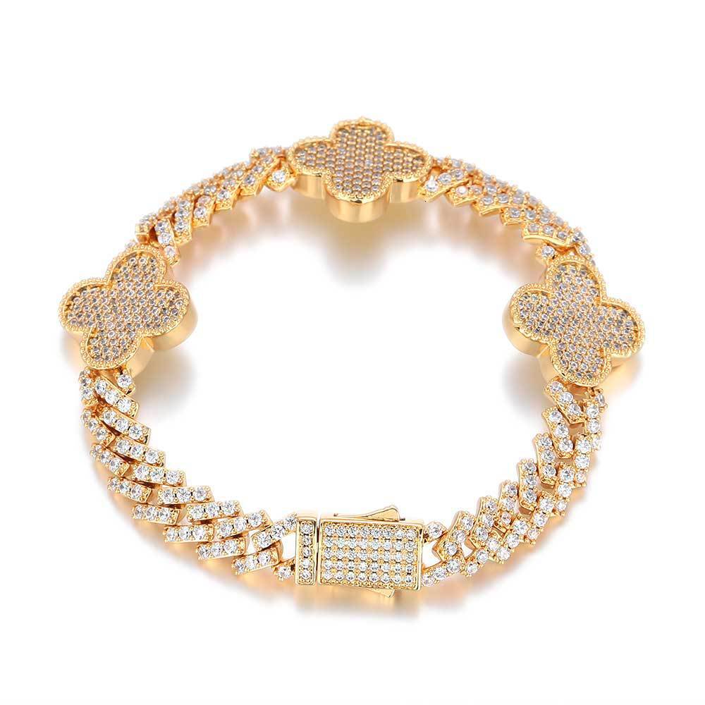 Hip hop Spring Buckle Clover Diamond Cuban Chain Moissanite Bracelet High End Versatile Mens Bracelet