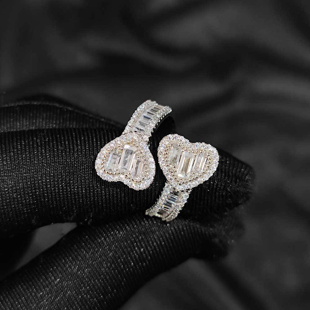 Square mixed Moissanite hip-hop heart ring personalized ring internet famous trendy brand mens and womens ring moissanite