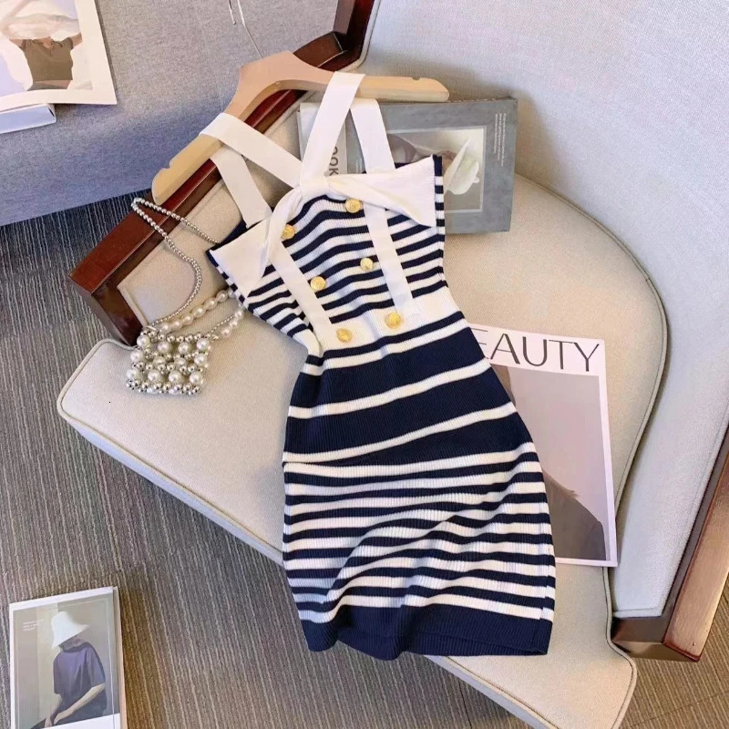 Woman Halter Sleeveless Bodycon Dress Womens Slim Temperament Striped Mini Dresses Summer Knit Fashion Dress 250604