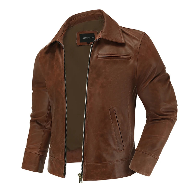 First Layer Cowhide Waxed Leather Tuxedo Motorcycle Leather Jacket Mens Biker Jacket Slim Lapel Short Coat 250530