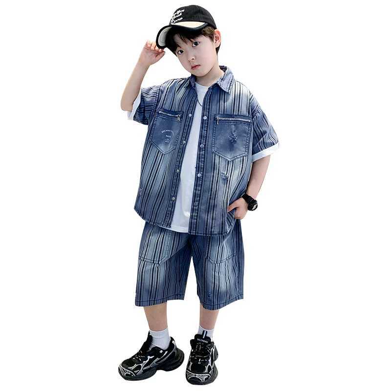 New Summer Kids Boy Clothing Set for Tweens Child Vertical Stripe Denim Shirt Shorts Cotton Two Pieces Clothes Suit For Teenager R250605