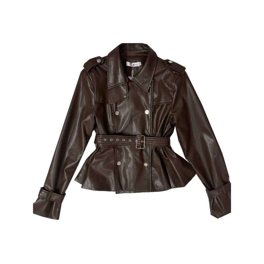 Autumn New Lapel High Waist Cool Girl Short Leather Women's Slim Fit Double Breasted Long Sleeve Motorcycle Jacket