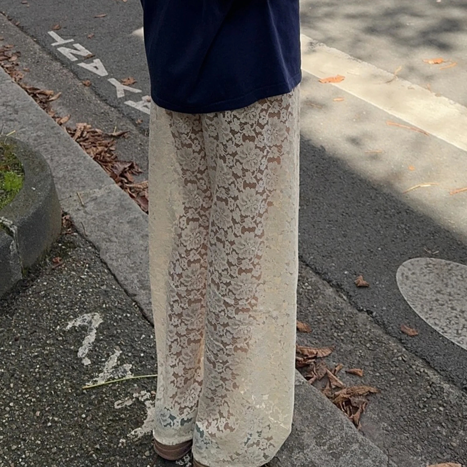 Vintage Women Wide Leg Pants Casual Loose Sheer Lace High Waist Trousers for Work Office Y2K Aesthetic Streetwear 250604