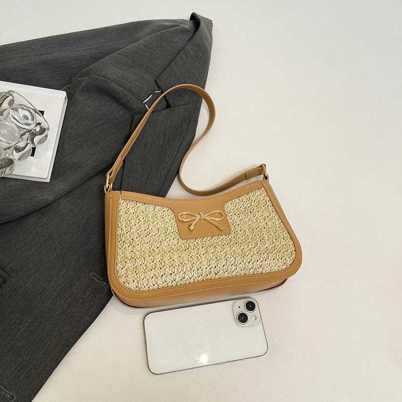 Summer Beach Woven Shoulder Bag for Women Vintage PU Leather Cute Bow Str Baguette Purse Ladies Underarm Bag Small Handbag XJ250605