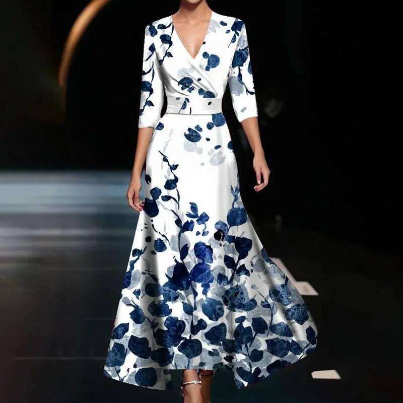 Spring Floral Print Hem A-Line Party Dresses Womens Sexy V Neck Hollow Maxi Summer 3/4 Sleeve Bohemian Long Dress Vestidos